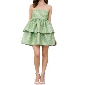 Amylynn Sara Strapless Tiered Mini Dress Green Metallic NWT Womens M Fairycore